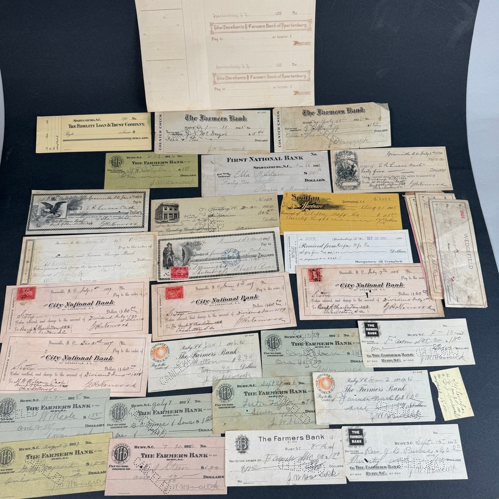 Antique South Carolina Bank Checks‎ and Receipts Lot 1890s-1920s Ephemera